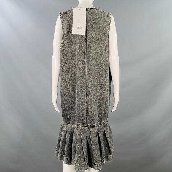 M Grey Cotton Denim Contrast Stitch Oversized Drop Waist Deep V-Neck Dress - Picture 3 of 6